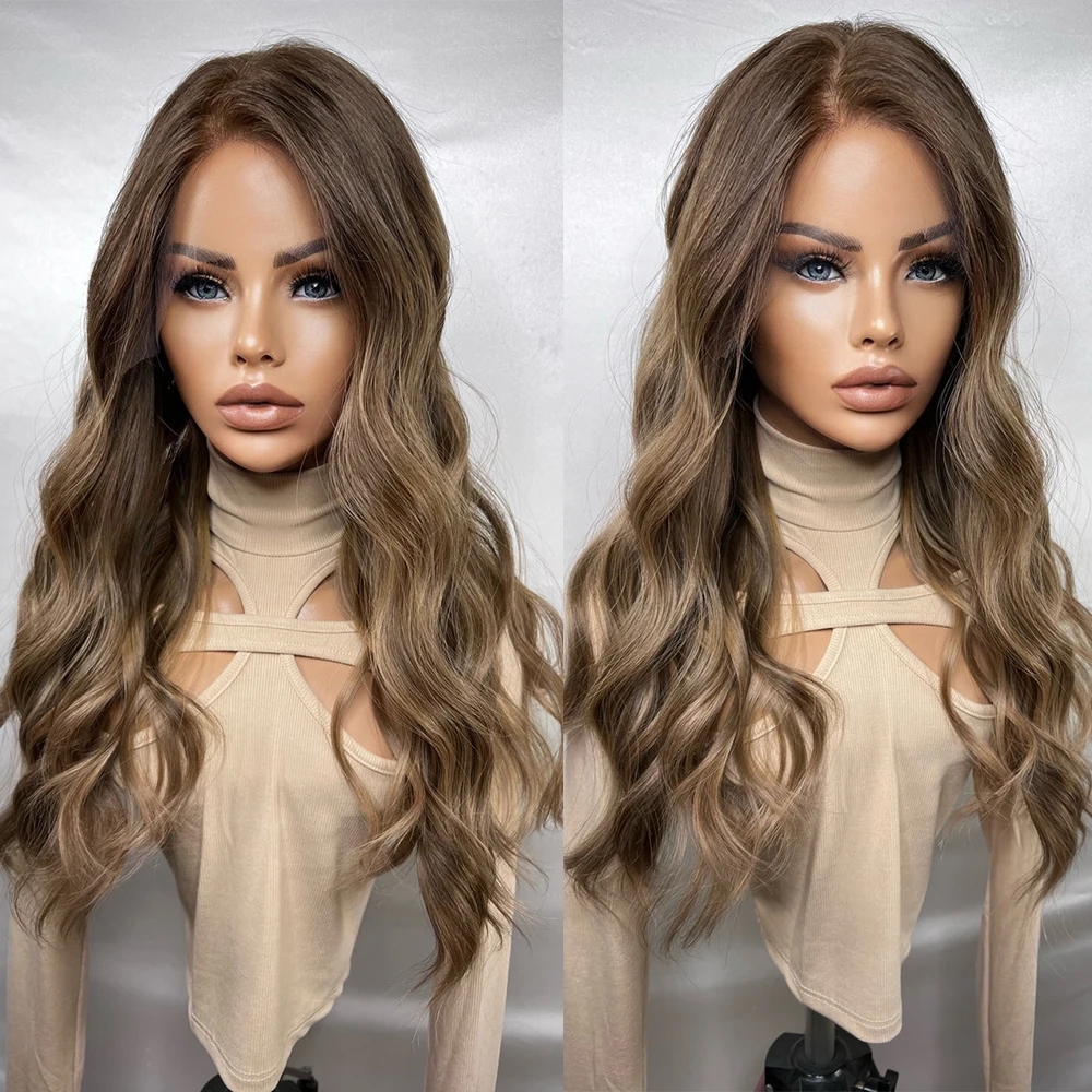 Premium Brazilian Human Hair Dark Blonde Balayage Brunette Full Lace Wigs Natural Brown Highlights Lace Frontal Wig