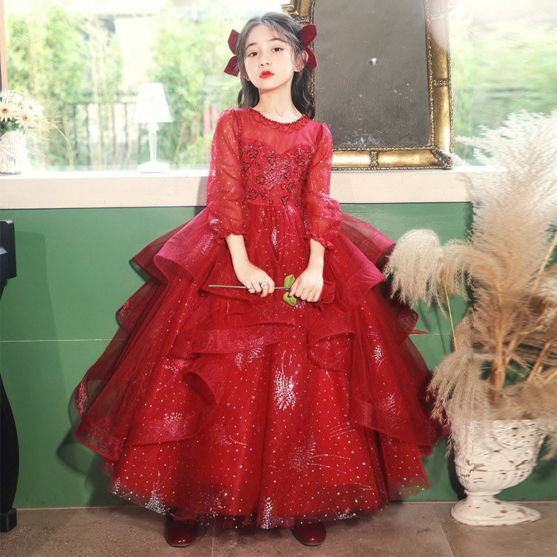 Long Sleeves Princess Wer Girls Dresses For Wedding New Red Shiny Beaded 3D Ral Lace Appliques Brithday Party Kids Formal Wear Toddler Pageant Dress 4