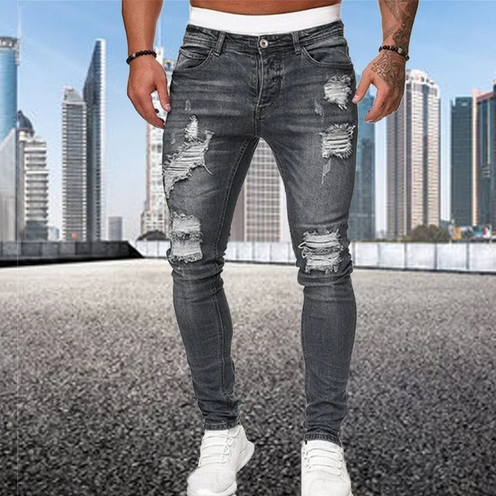 Distressed Streetwear Ripped Skinny Jeans Men Vintage Wash Solid Elastic Biker Holes Denim Pencil Pants Casual Slim Fit Joggers 240113