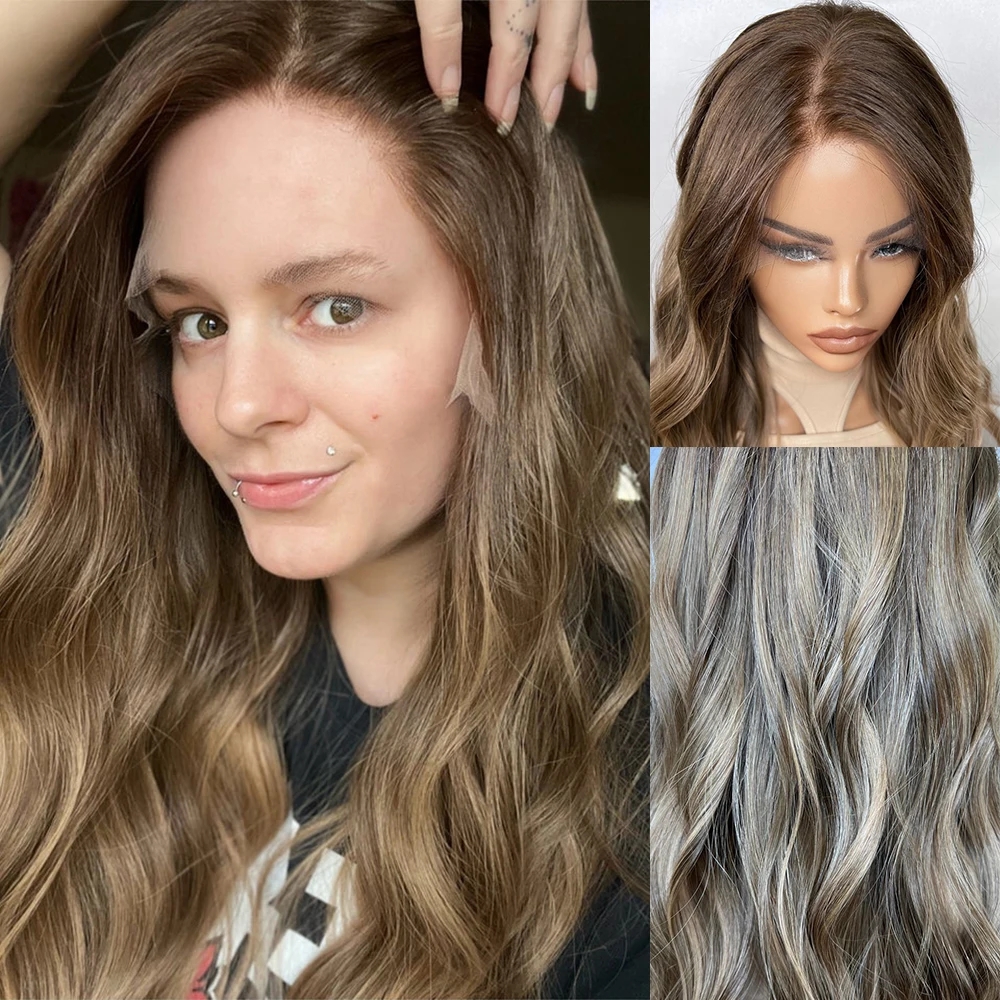 Premium Brazilian Human Hair Dark Blonde Balayage Brunette Full Lace Wigs Natural Brown Highlights Lace Frontal Wig