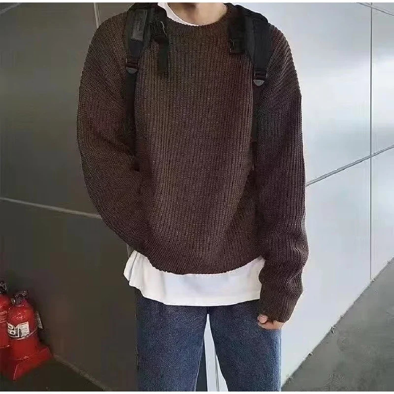 Solid Striped Sweater for Men Autumn Winter Casual Oneck Long Sleeve Pullovers Male Vintage Allmatch Knitted Jumpers Chic Tops 240113