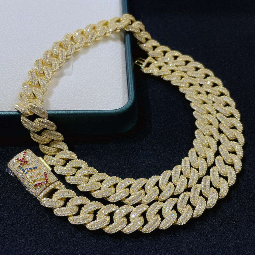 Luxury Gold Color Cuban Chain 14mm Baguette d Color Vvs Moissanite Custom Silver Hip Hop Iced Out Cuban Necklace