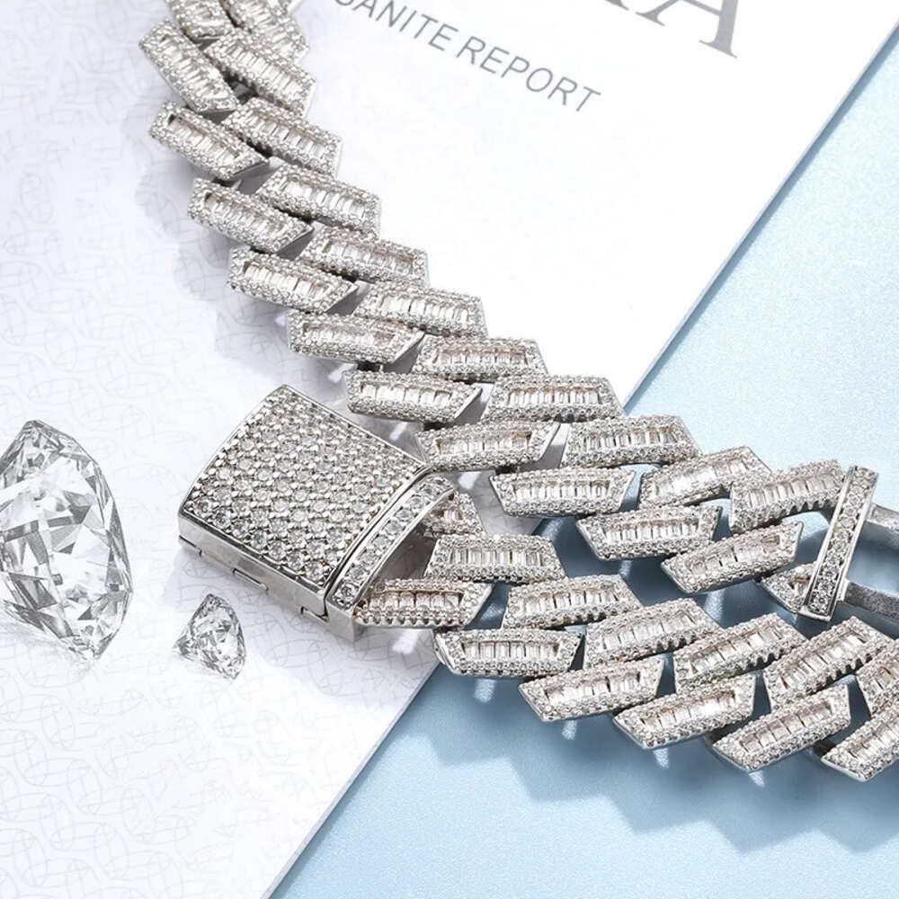 Luxury Hip Hop Jewelry Moissanite Cuban Necklace Ice Out 925 Silver Baguette 18/20/22 Inches Moissanite Cuban Link Chain