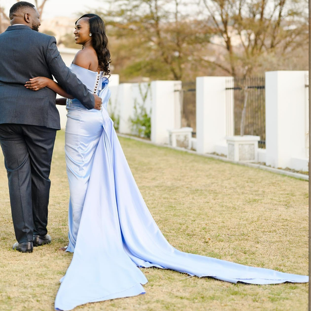 R&W Skyblue Big Bow Bridesmaid Satin Mermaid Sweetheart Neck Appliqued Lace Sexy Side Spit Maid Of Honor Dresses Simple Style Elegant Wedding Guests G