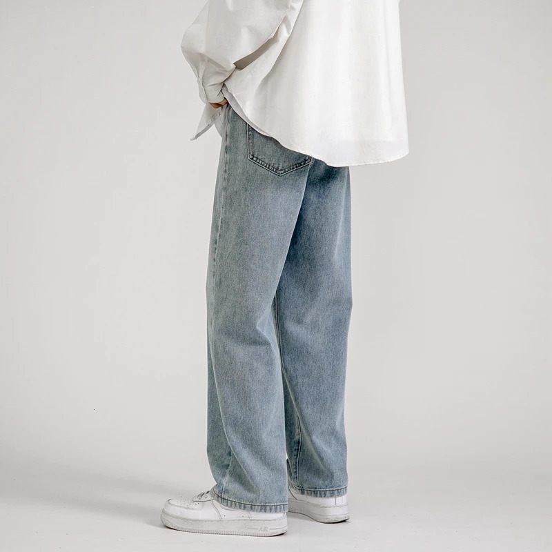 Korean Fashion Mens Baggy Jeans Classic Allmatch Solid Color Straightleg Denim Wideleg Pants Male Light Blue Grey Black 240113