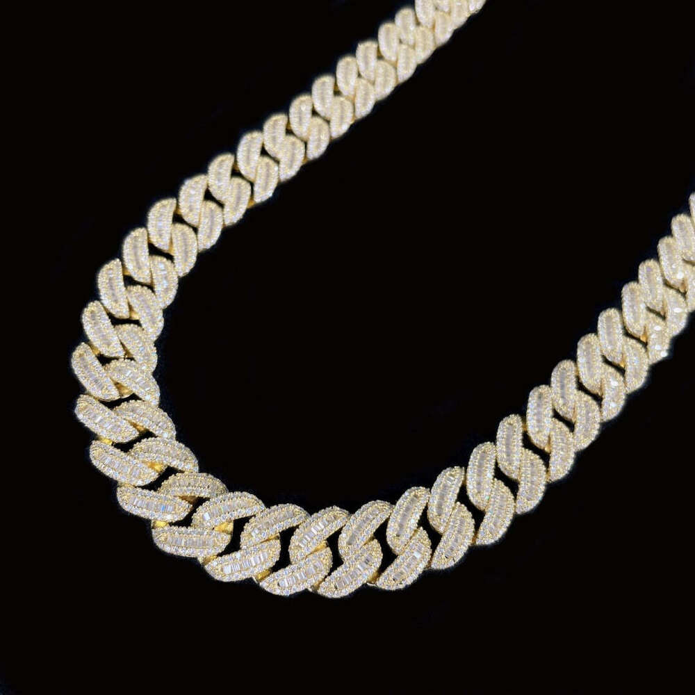 Luxury Gold Color Cuban Chain 14mm Baguette d Color Vvs Moissanite Custom Silver Hip Hop Iced Out Cuban Necklace