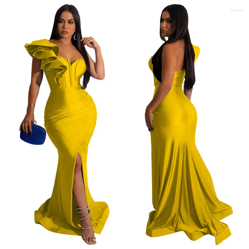 Casual Dresses Elegant One Shoulder Petal Sleeve Evening Dress Women Party Nightclub Wedding Guest Sexy Split Big Swing Long Gown
