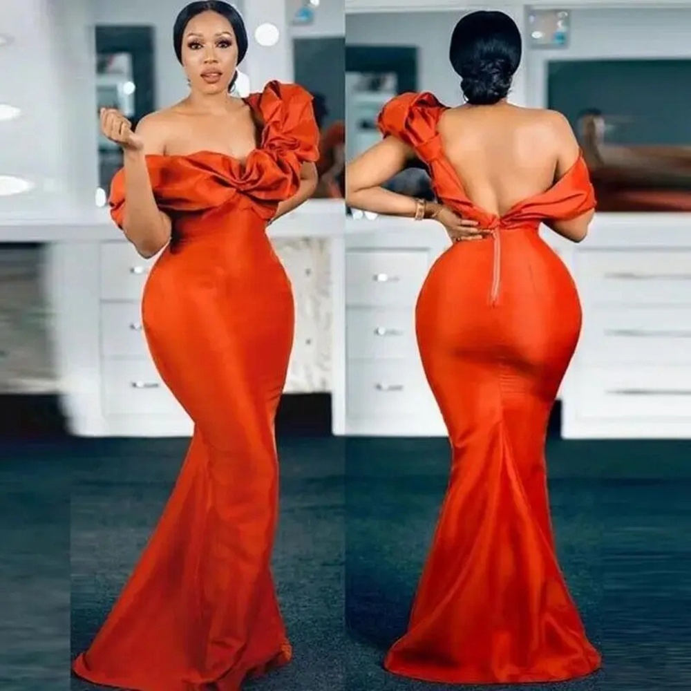 Orange Aso Ebi Bridesmaid Dresses Mermaid One Shoulder Backless Elastic Satin Sweep Train Maid Of Honor Dresses Simple Style Elegant Wedding Guests Go
