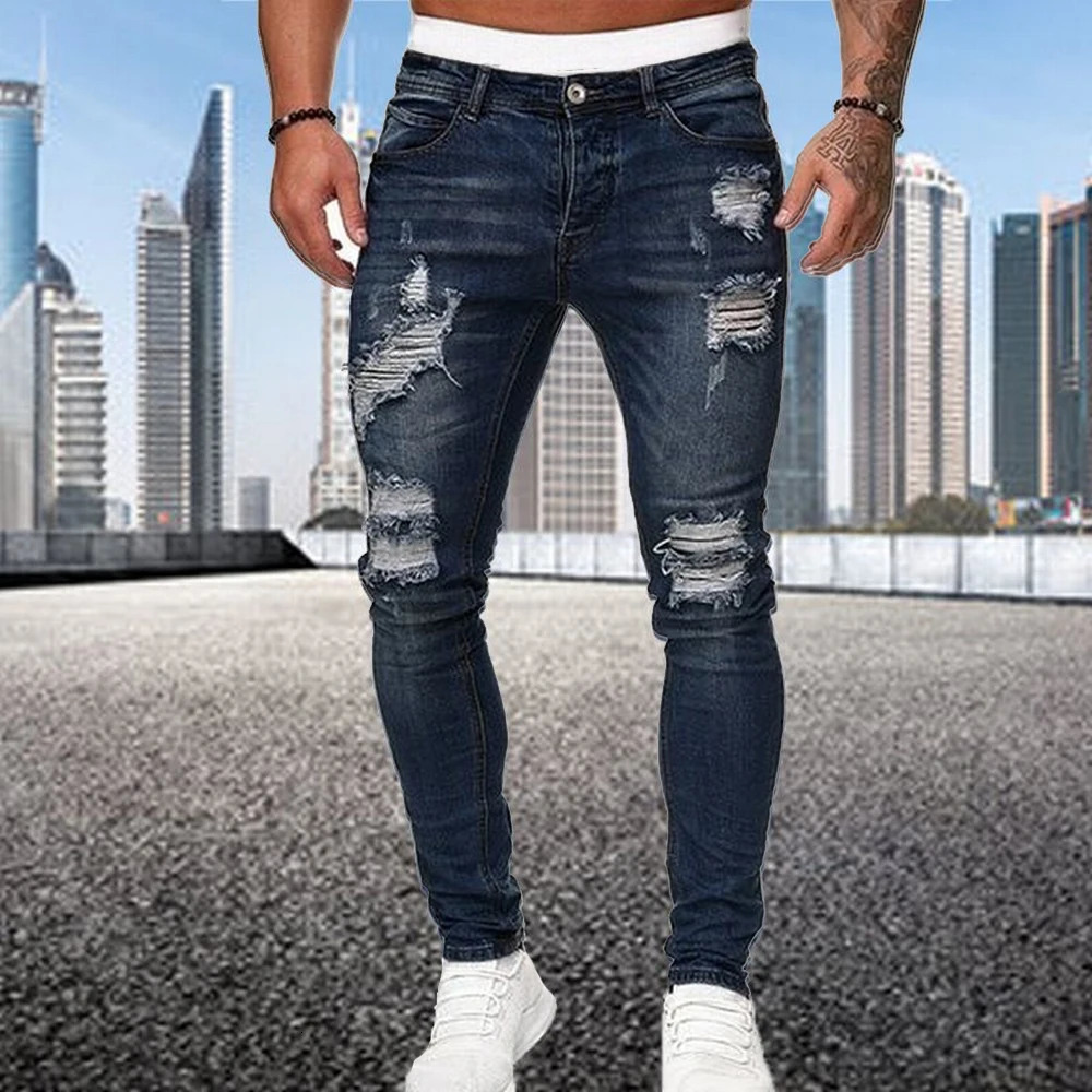 Distressed Streetwear Ripped Skinny Jeans Men Vintage Wash Solid Elastic Biker Holes Denim Pencil Pants Casual Slim Fit Joggers 240113