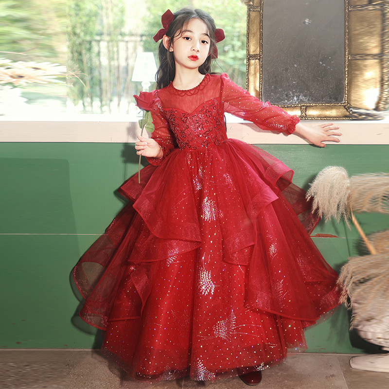 Long Sleeves Princess Wer Girls Dresses For Wedding New Red Shiny Beaded 3D Ral Lace Appliques Brithday Party Kids Formal Wear Toddler Pageant Dress 4