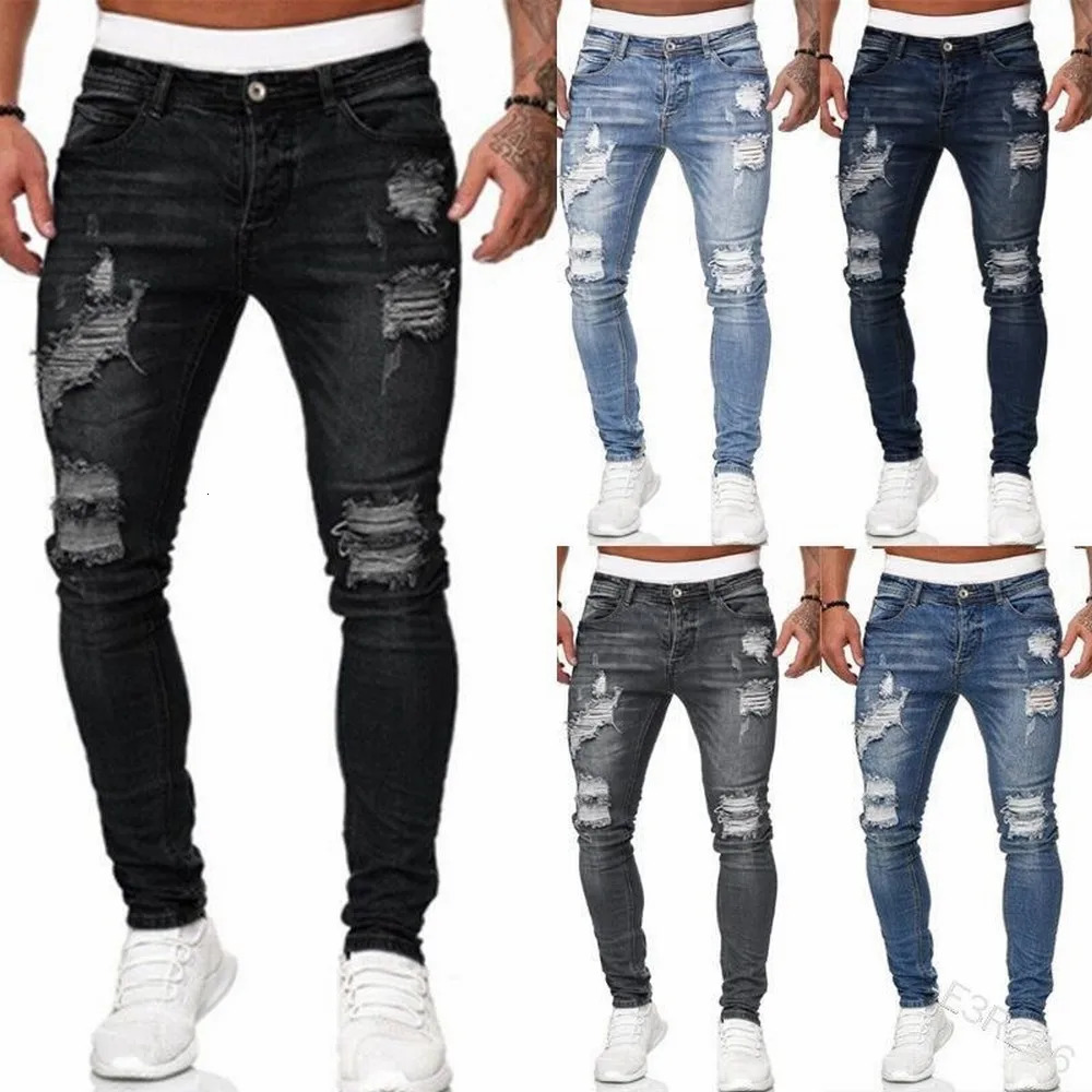 Distressed Streetwear Ripped Skinny Jeans Men Vintage Wash Solid Elastic Biker Holes Denim Pencil Pants Casual Slim Fit Joggers 240113