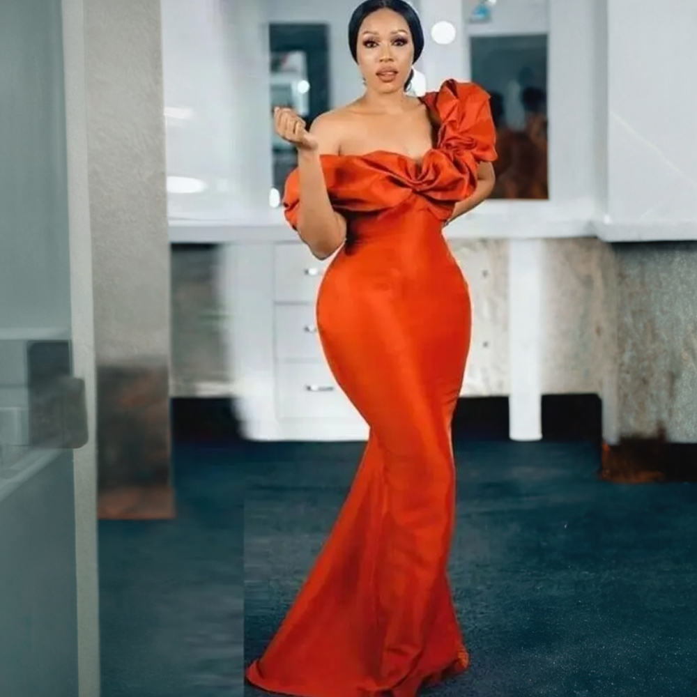 Orange Aso Ebi Bridesmaid Dresses Mermaid One Shoulder Backless Elastic Satin Sweep Train Maid Of Honor Dresses Simple Style Elegant Wedding Guests Go