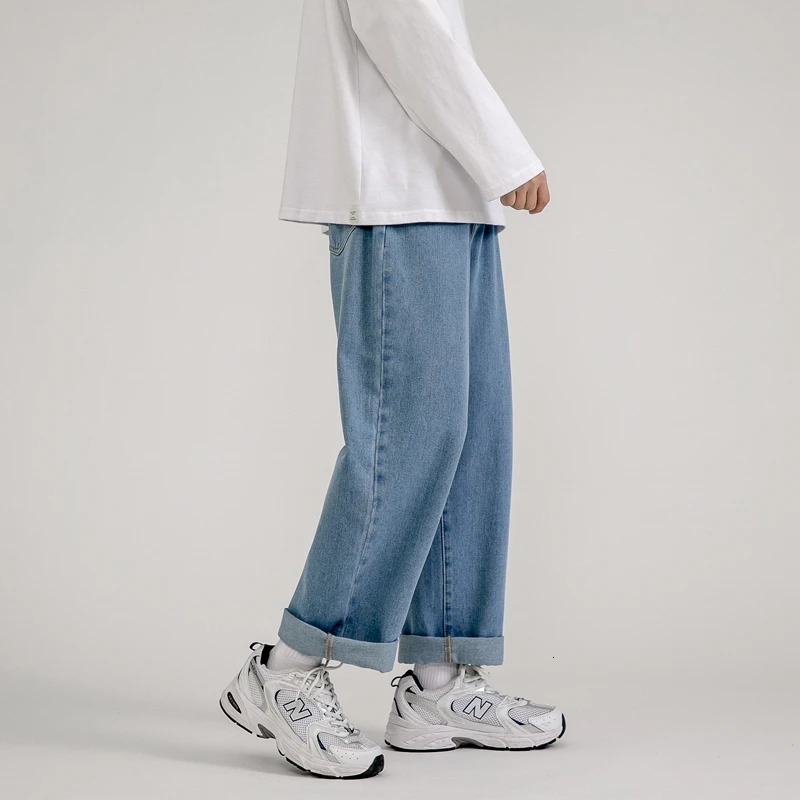 Korean Fashion Mens Baggy Jeans Classic Allmatch Solid Color Straightleg Denim Wideleg Pants Male Light Blue Grey Black 240113