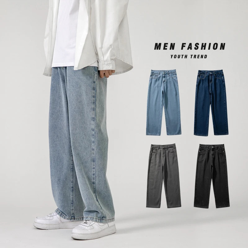 Korean Fashion Mens Baggy Jeans Classic Allmatch Solid Color Straightleg Denim Wideleg Pants Male Light Blue Grey Black 240113