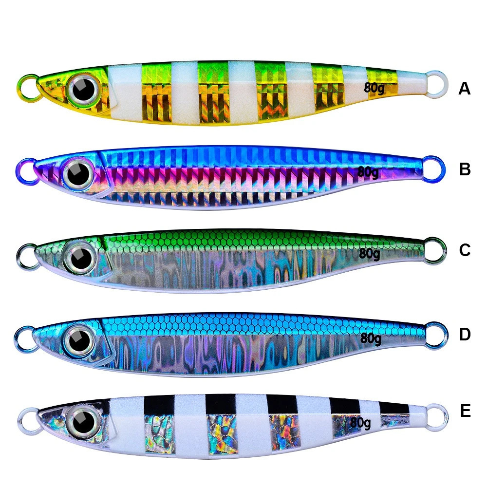5PcsSet 14g40g60g80g Fast Sink Luminous Jigging Fishing Lure Metal Jig Spoon Pesca Shore Lures Fish Tuna Bait Saltwater Sea 240113