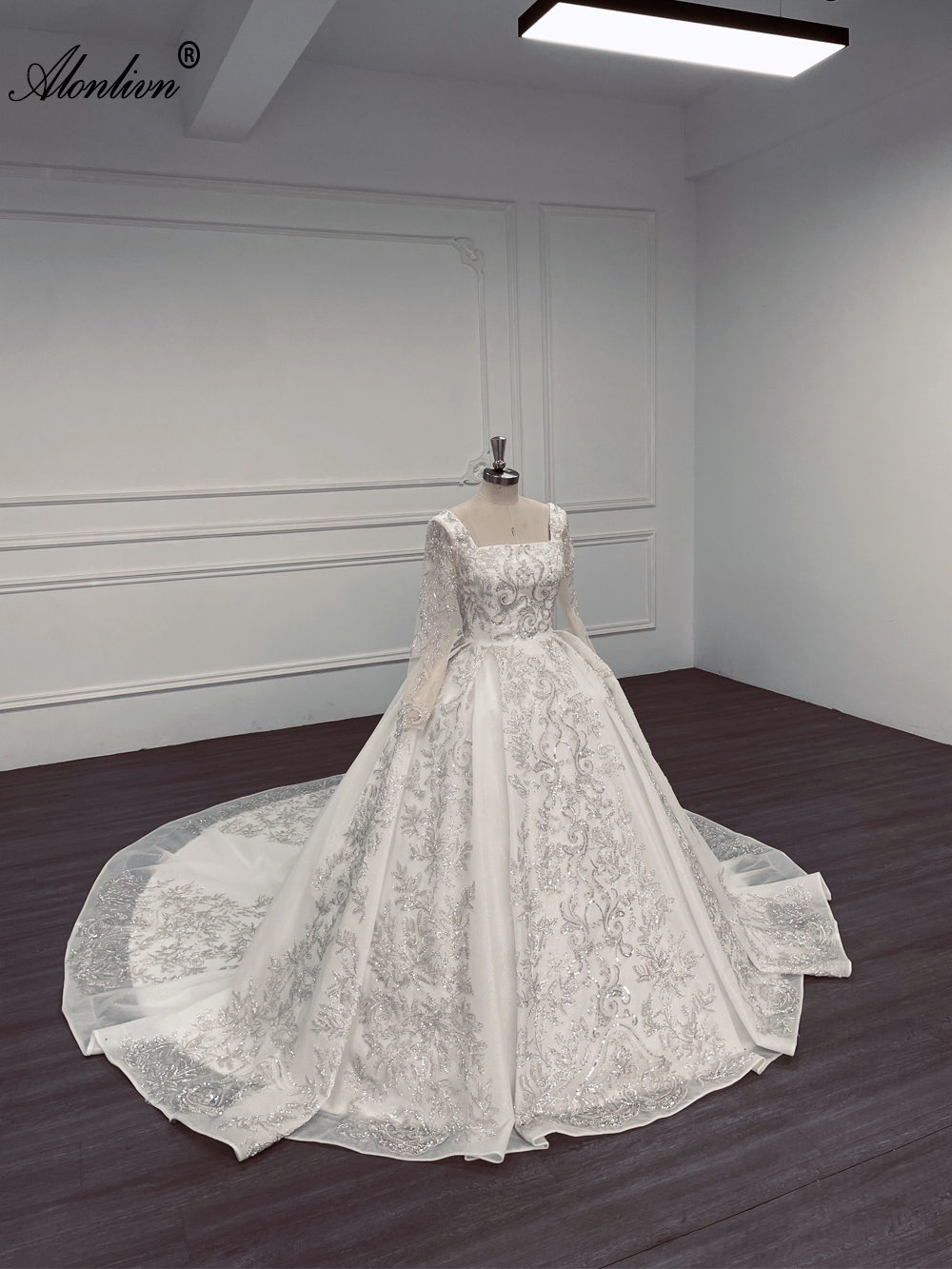 Alonlivn100% Real Photos Luxury Square Collar A Line Wedding Dress With Beading Rhinestones Pearls Embroidery Lace Full Sleeve Bridal Gowns