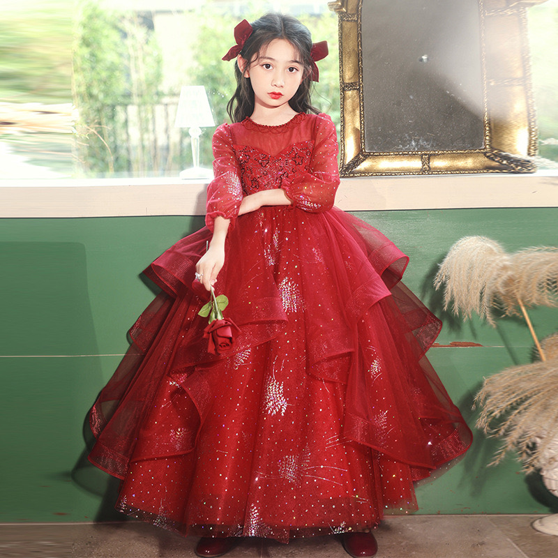 Long Sleeves Princess Wer Girls Dresses For Wedding New Red Shiny Beaded 3D Ral Lace Appliques Brithday Party Kids Formal Wear Toddler Pageant Dress 4