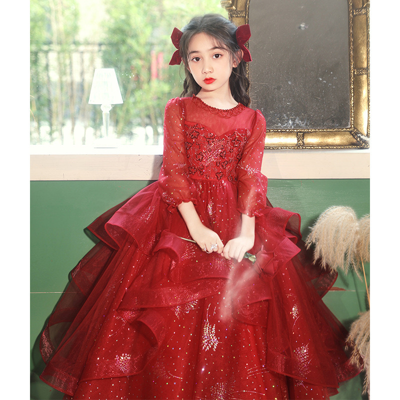Long Sleeves Princess Wer Girls Dresses For Wedding New Red Shiny Beaded 3D Ral Lace Appliques Brithday Party Kids Formal Wear Toddler Pageant Dress 4