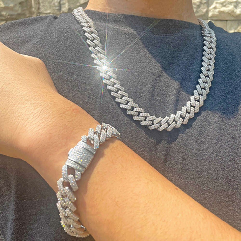Fashion Design 2rows Moissanite Diamond Silver Cuban Link Necklace/bracelet Chain for Rapper Hiphop Jewelry