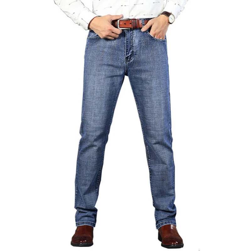 2940 Mens Spring and Autumn Classics Pants Straight Business Blue Black Jeans Elastic Slim Fit Casual Work 240113