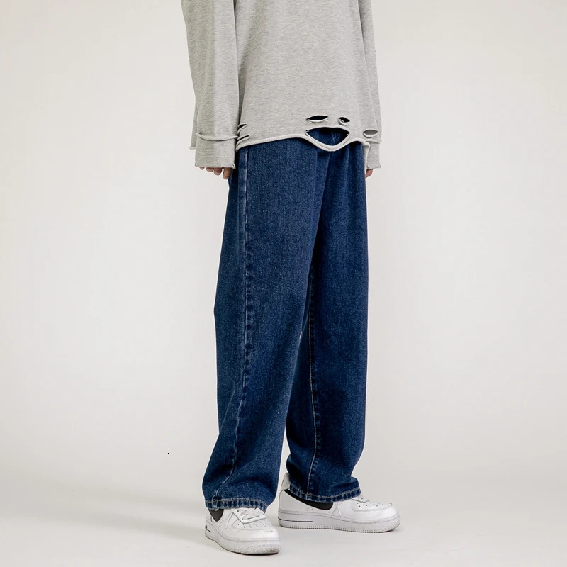 Korean Fashion Mens Baggy Jeans Classic Allmatch Solid Color Straightleg Denim Wideleg Pants Male Light Blue Grey Black 240113
