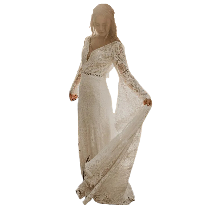Bohemian Hippie Lace Wedding Dress Long Sleeves Sexy Backless V Neck Country Bridal Gowns Elegant Beach Bride Dresses es