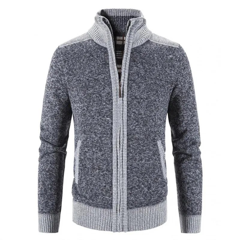 Mens Sweater Coat Fashion Patchwork Cardigan Men Knitted Jacket Slim Fit Stand Collar Thick Warm Coats