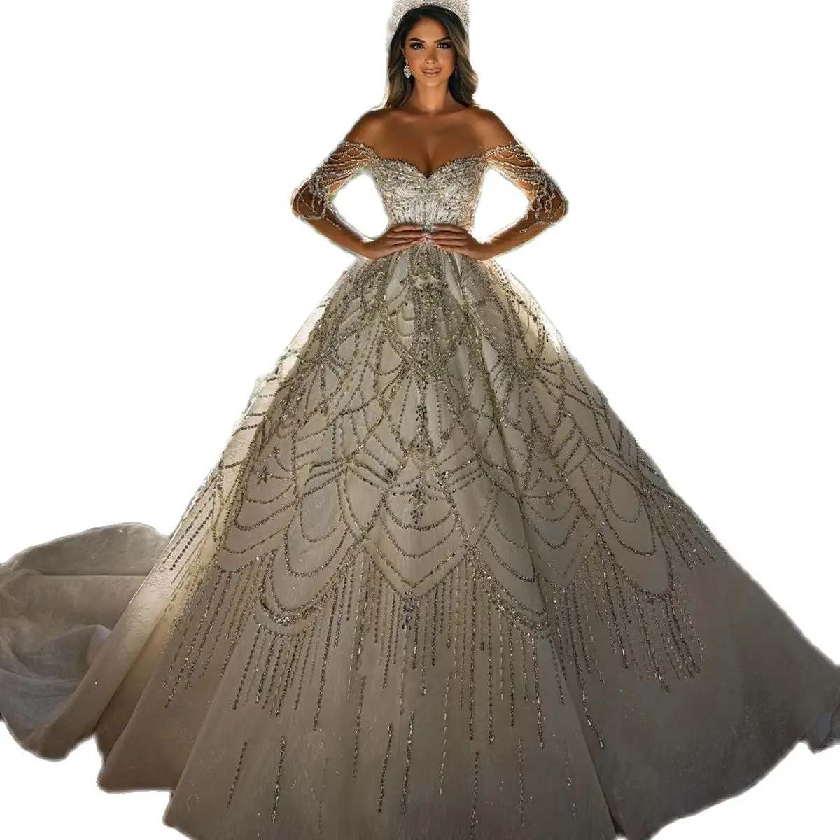 Gorgeous A Line Women Wedding Dress Sheer Neck Long Sleeves Bridal Gowns Crystal Beading Zipper Court Train Dress For Bride Custom Made
