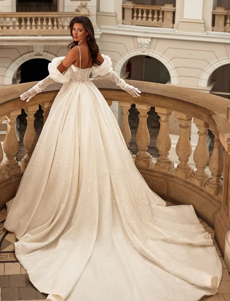 Glitter A Line Wedding Dresses Off Shoulder Long Sleeve Bridal Gowns Sweep Train Backless Bride Dress