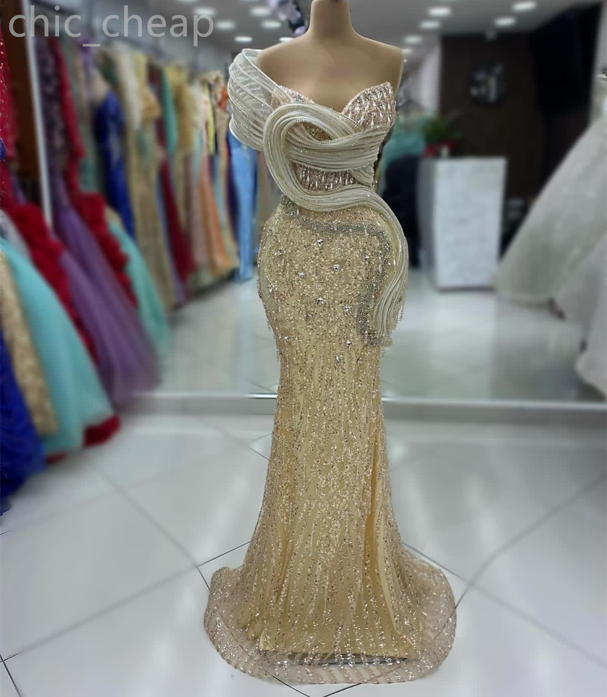 2024 Aso Ebi Gold Mermaid Prom Dress Lacefull Crystals Sequined Evening Formal Party Second Reception Birthday Engagement Gowns Dresses Robe De Soiree