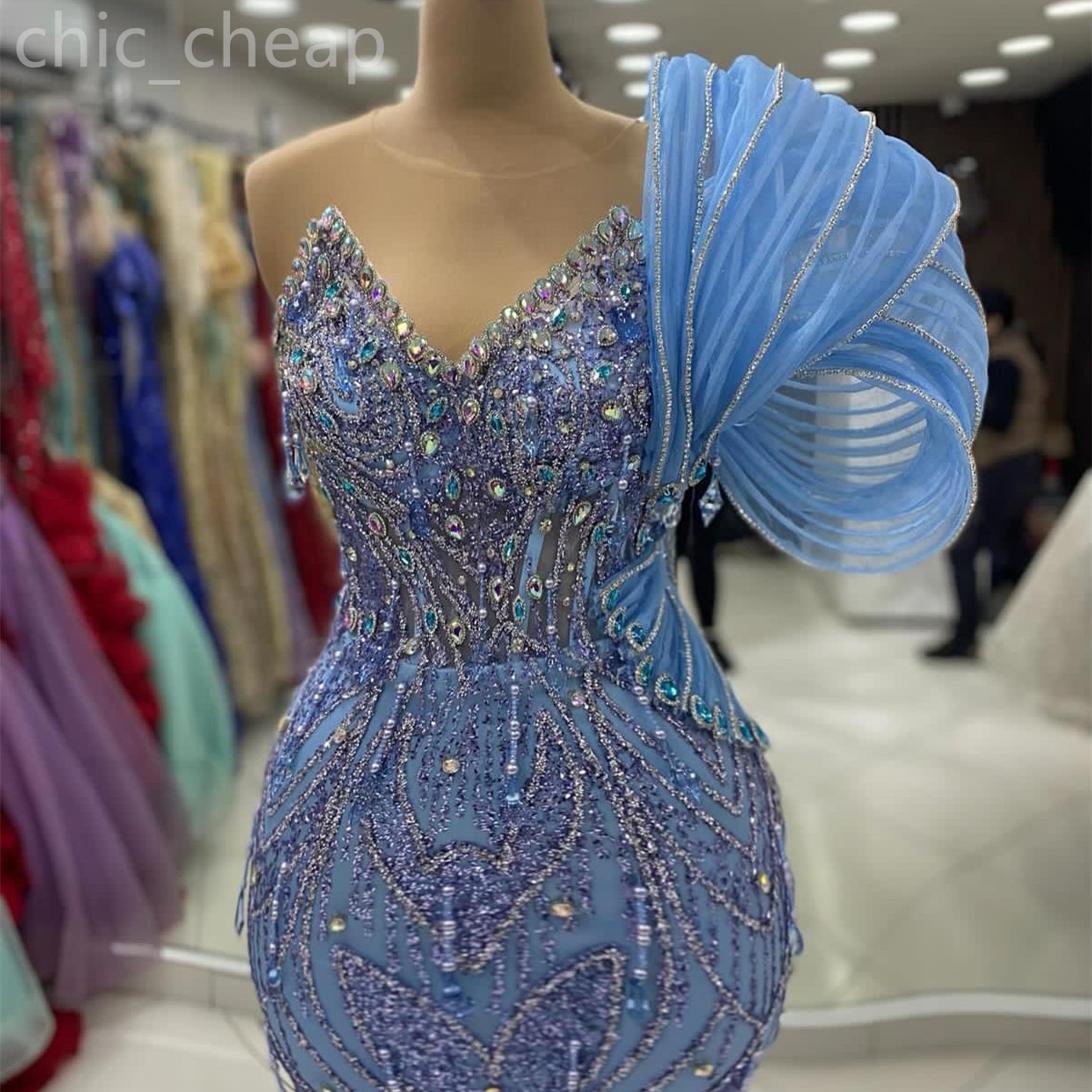 Ebi 2024 Aso Sky Blue Mermaid Prom Dress Pearls Crystals Sheer Neck Evening Formal Party Second Reception Birthday Engagement Gowns Dresses Robe De So