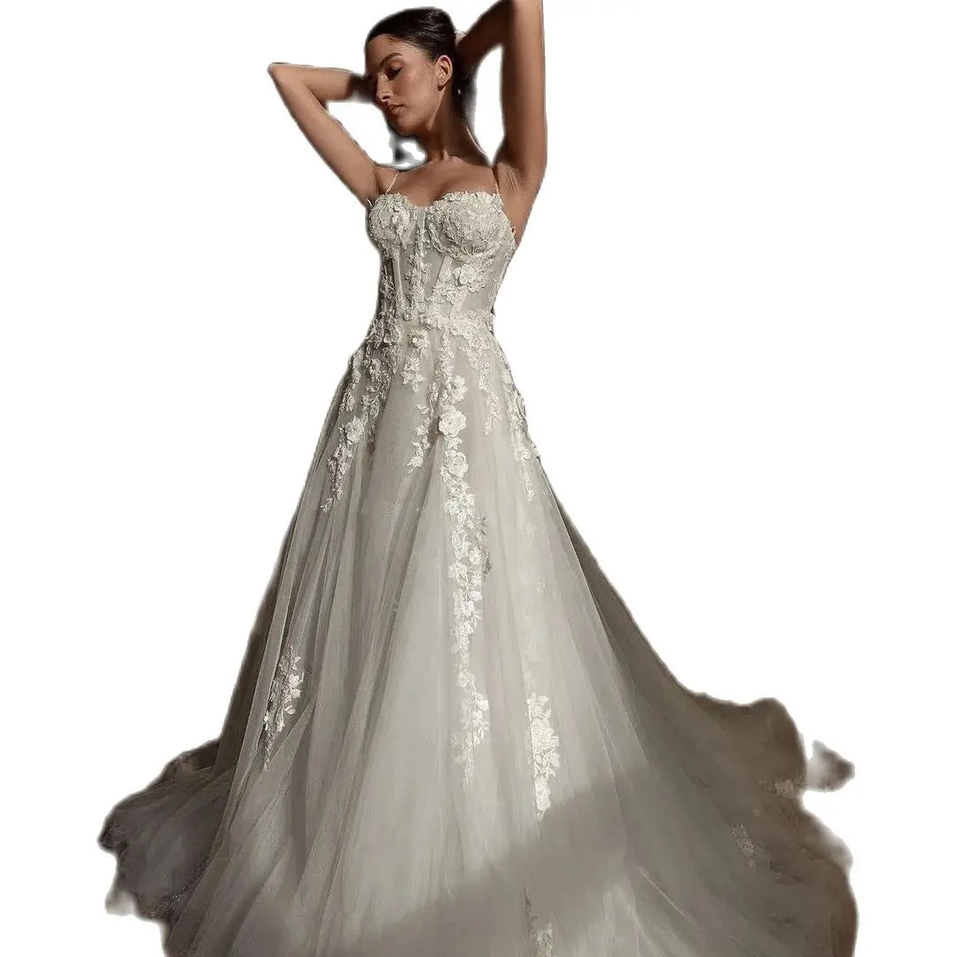 Sexy Applique A e Wedding Dresses Elegant Spaghetti Straps Bridal Gown Simple Lace vestidos de novia Custom Made