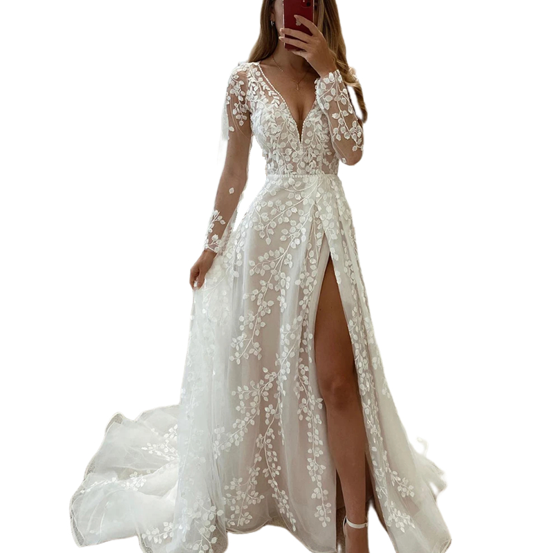 Sexy Country Lace A Line Wedding Dresses Side Split V-Neck Illusion Long Sleeves Beach Bride Gowns Court Train Bohemian Vestidos De Novia 2024
