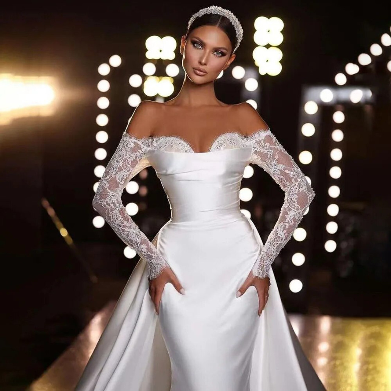 Alonlivn Off-Shoulder Overskirt Mermaid Wedding Dress Luxury Satin Sweetheart Full Sleeves 2 In 1 Bridal Gowns