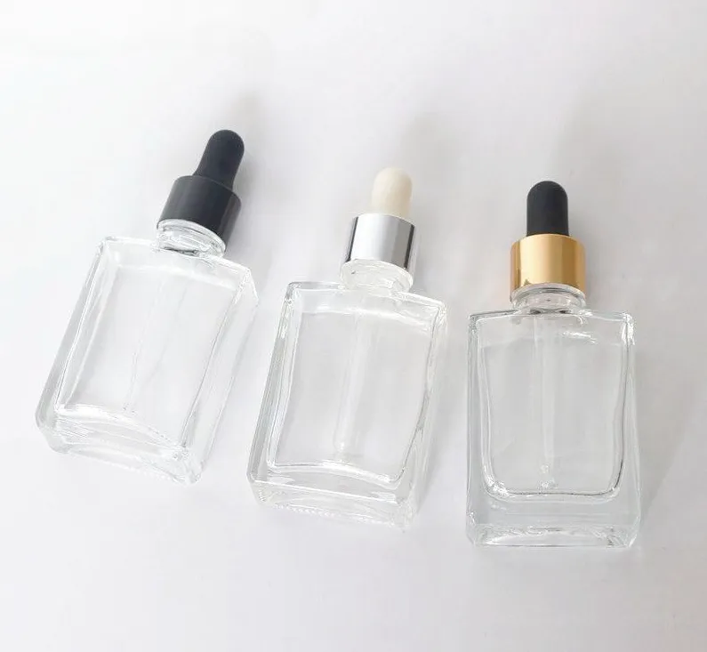 wholesale glass serum bottle dropper Pipette 30ml 1oz square flat clear white black amber green blue red for cosmetic essential ZZ