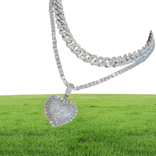 Iced Out Bling Women Jewelry Micro Pave 5A Cz Cubic Zirconia Big Heart Pendant Tennis Chain Sparking Necklace214s