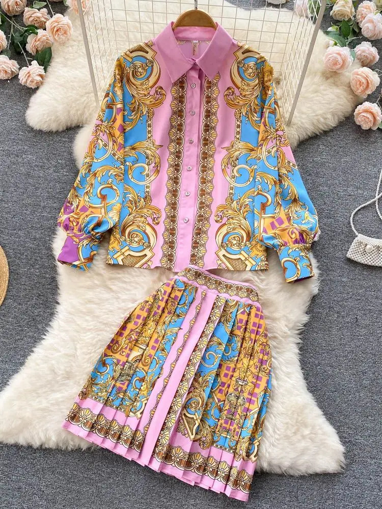 Summer Elegant Skirts Suit Women's Puff Sleeve Beading Lapel White Shirt TopFlower Print Mesh Ball Gown Belt Skirts 2 Piece Set 240113