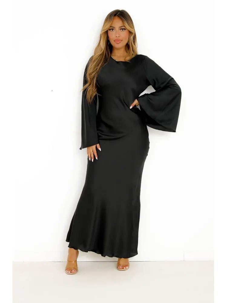 Women Elegant Solid Satin Maxi Dress Fashion Flare Sleeves High Waist Long Prom Robes Ladies Chic Street Vestidos 240115