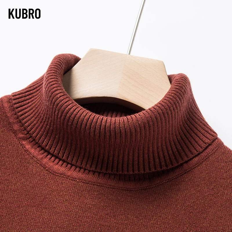KUBRO Autumn Winter Mens High Quality Turtleneck Wool Sweater Solid Color Knit Tight Warm Casual Bottom Pullover Top 240113