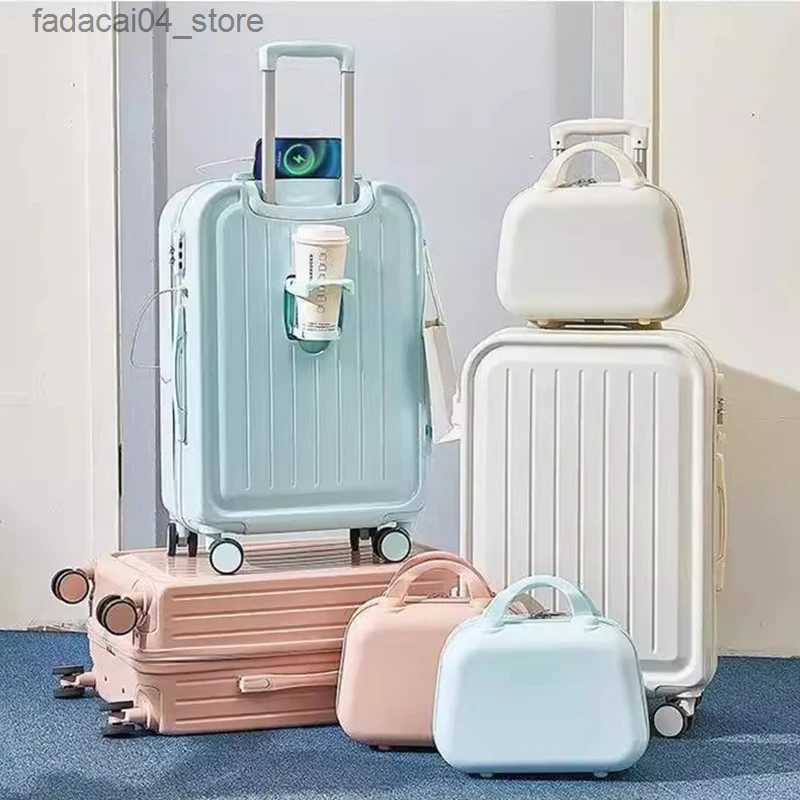 Suitcases 2023 New Combination Suitcase USB Charging Port with Cup Holder Large Capacity Trolley Case Travel Luggage Rugged Lockbox Q240115