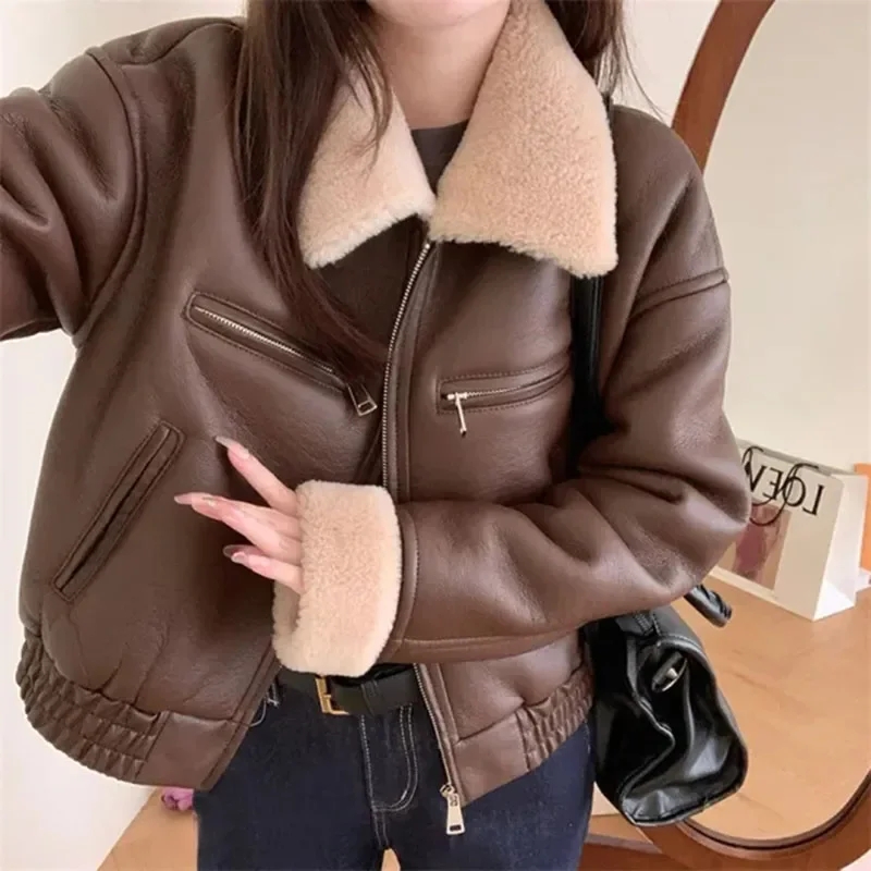 Fur PU Leather Jacket Women Flight Suit Vintage Streetwear Coat Harajuku Long Sleeve Riding Suit Zipper Short Outwear
