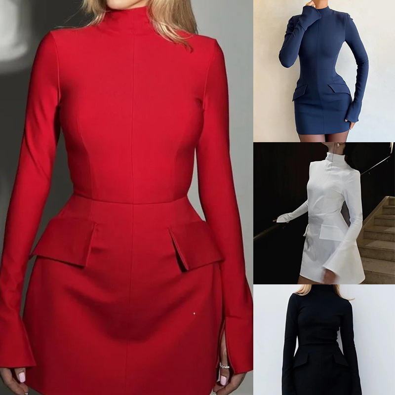 Casual Dresses Turtleneck Long Sleeve Red Mini Dress Elegant Women Solid Bodycon A-line Robe 2023 Autumn Lady Fashion Slim Commuting
