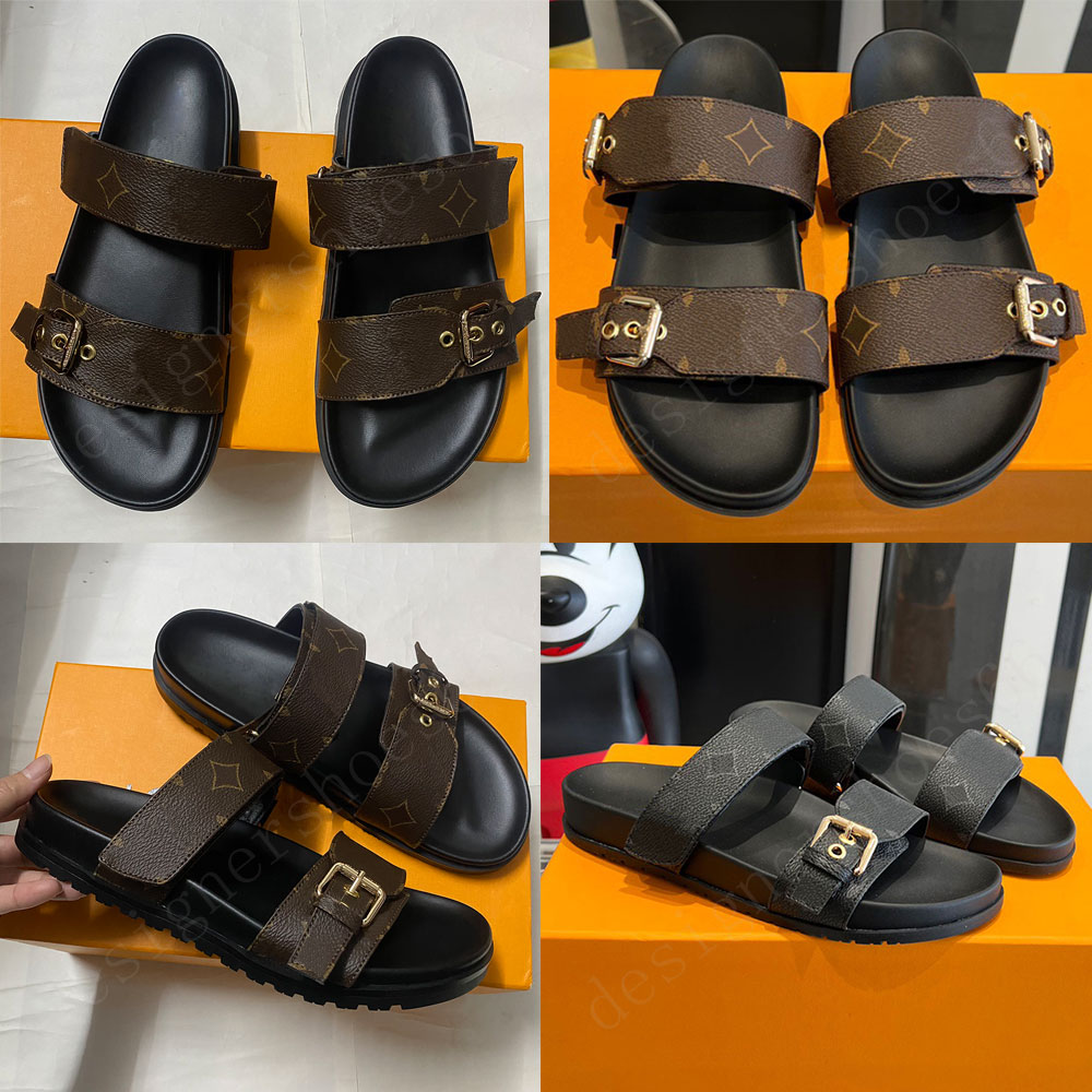 Bom Dia Flat Comfort Mule 1AAW8A designer sandals Cacao Brown Treaded rubber outsole men women mule flat sandals slippers beach sandals Cowhide Leather Sandals 35 46