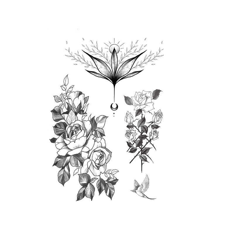 Wen Aimei waterproof tattoo sticker black handpainted plain flower set water transfer