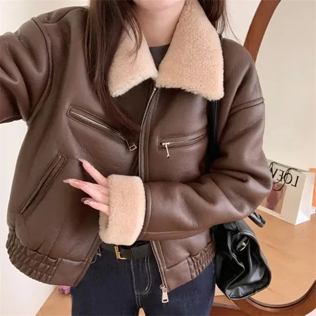 Fur PU Leather Jacket Women Flight Suit Vintage Streetwear Coat Harajuku Long Sleeve Riding Suit Zipper Short Outwear