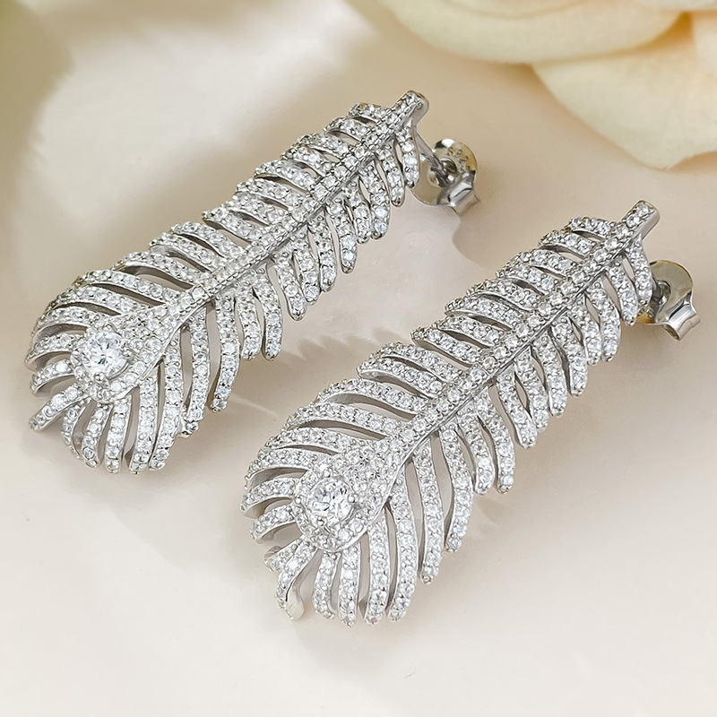 Choucong 2024 Stud Earrings Original Luxury Jewelry Real 100% 925 Sterling Silver Pave White Moissanite Diamond Gemstones Party Women Feather Earring 