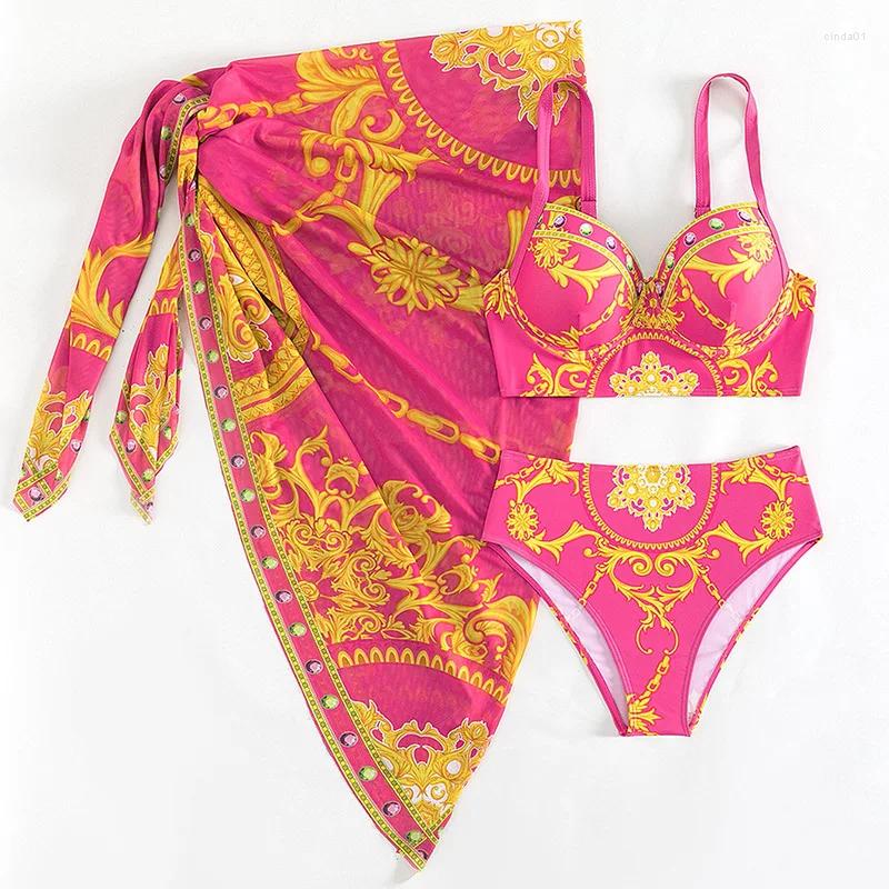 Womens Swimwear Elegant Retro Printed Bikini Three Piece Set High Waisted Sexy Swimsuit With Cover Up Skirt For Springs Beach Vacatio AAA