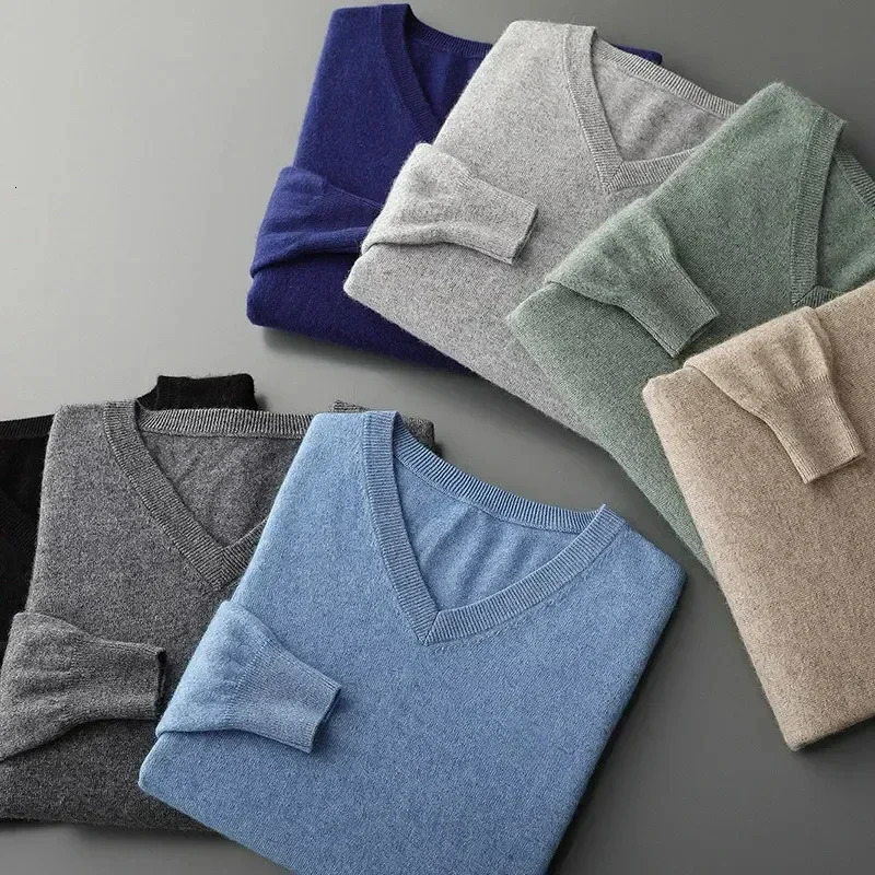 Mens Cashmere Warm Pullovers Sweater V Neck Knit Autumn Winter Fit Tops Male Wool Knitwear Jumpers Bottoming shirt Plus Size 240113