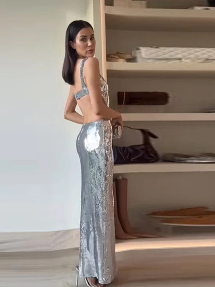 Sexy Sling Backless Silvery Maxi Dresses For Women Fashion High Waist Bodycon Sleeveless Robes Female Evening Party Vestidos 240115