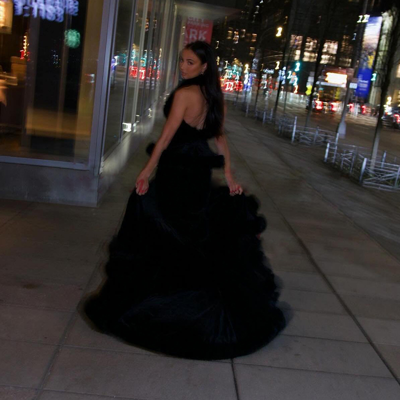Modest Black Faux Fur Prom Halter Mermaid Evening Dresses With Crystal Sweep Train Night Tail Dress 326 6660306